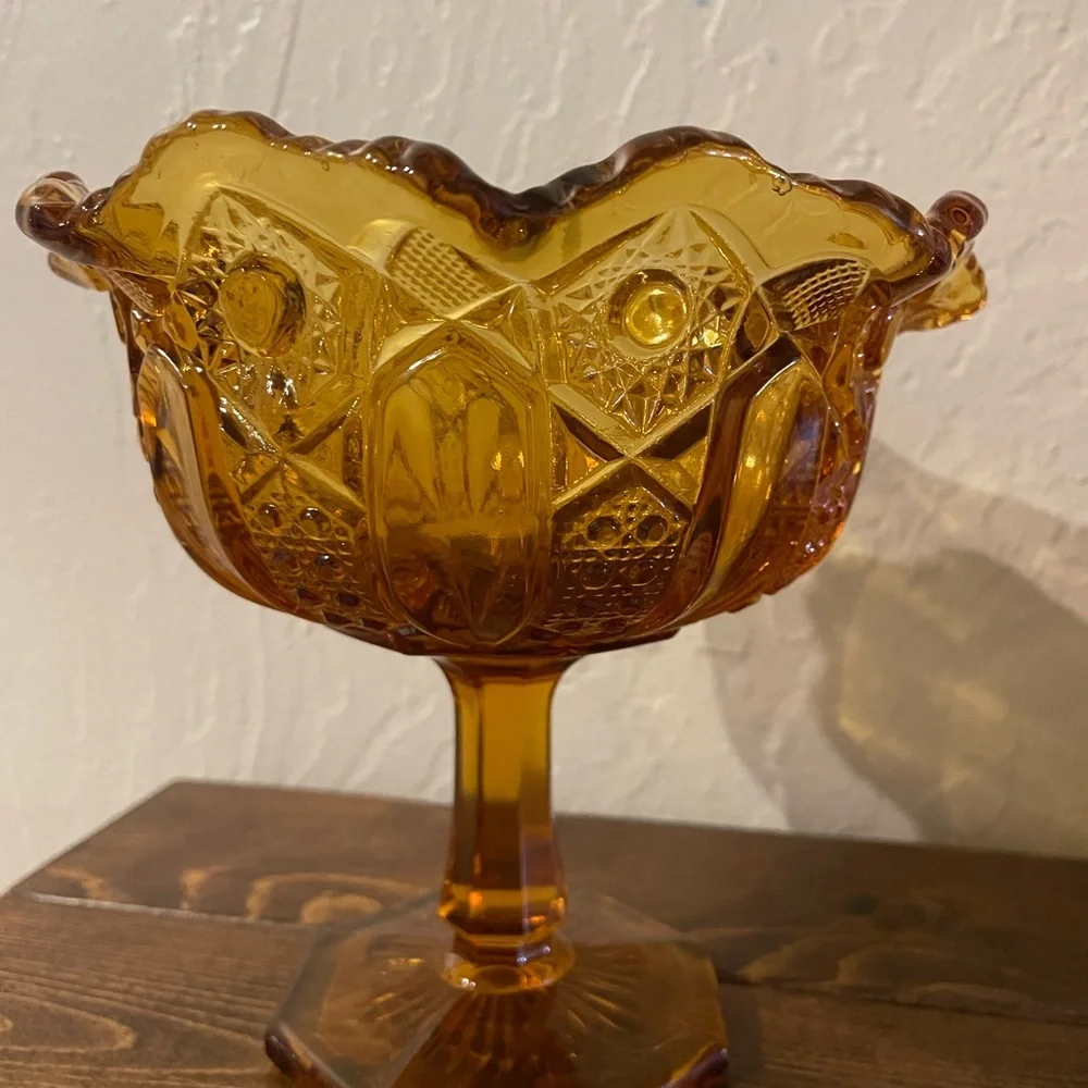 LE Smith Compote Candy Dish Amber Glass Vintage Heritage Hobstar Cane‎ & Arch